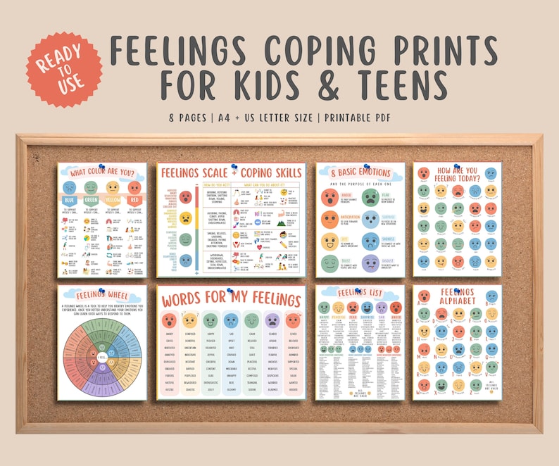 8 Feelings Emotions Coping Prints Bundle for Teens Kids, Feelings Scale ...