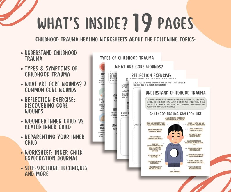 Childhood Trauma Healing Worksheets (19 Pages), Reparenting Inner Child Healing,  Somatic Coping Skills, PTSD, Crisis Therapy, Panic Attacks