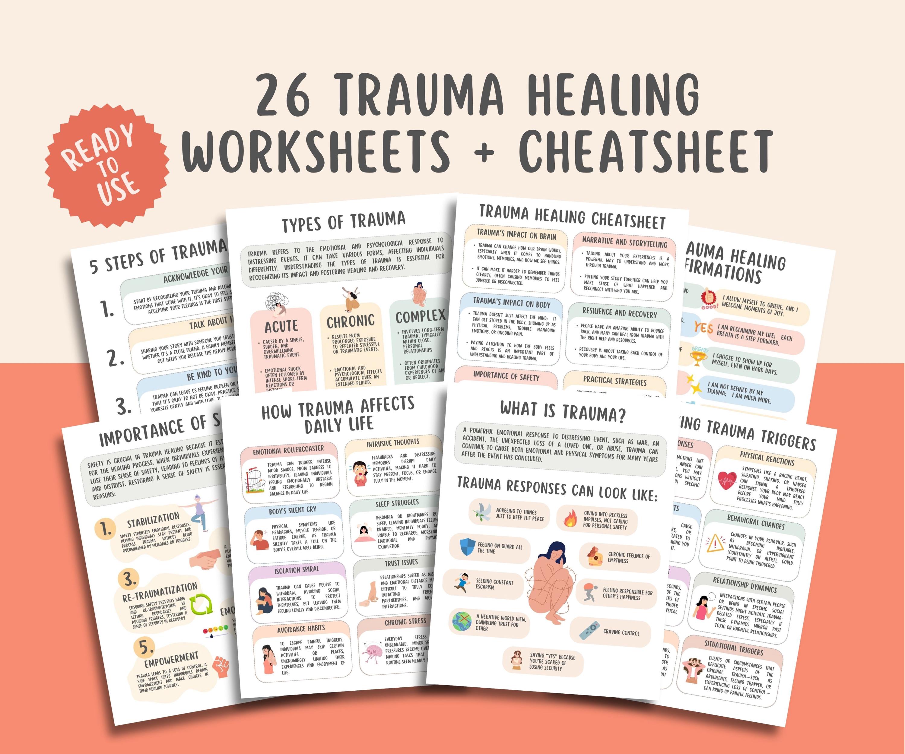 26 Trauma Healing Worksheets + Cheatsheet, Trauma and the Body, Trauma Responses, Somatic Coping Skills, PTSD, Crisis Therapy, Panic Attacks