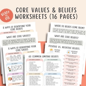 Könnte beinhalten: Arbeitsblätter mit dem Titel "Core Values & Beliefs" (Kernwerte & Überzeugungen) mit 16 Seiten. Die Arbeitsblätter behandeln Themen wie die Identifizierung von Kernüberzeugungen, Kernwerten und positiven vs. negativen Überzeugungen.