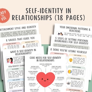 Könnte beinhalten: Ein Stapel druckbarer Arbeitsblätter mit dem Titel "Self-Identity in Relationships (18 Pages)". Die Seiten enthalten Text und Grafiken zu Bindungsstilen, emotionalen Mustern und Kernbedürfnissen in Beziehungen. Eine rote Herzgrafik ist sichtbar.