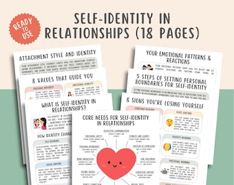 May include: A stack of printable worksheets titled "Self-Identity in Relationships (18 Pages)". The pages feature text and graphics about attachment styles, emotional patterns, and core needs in relationships. A red heart graphic is visible.