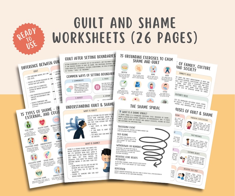 Guilt and Shame Worksheets (26 Pages), The Shame Spiral, Inner Child Healing Workbook, Trauma Recovery Journal, Self-Therapy Mental Health
