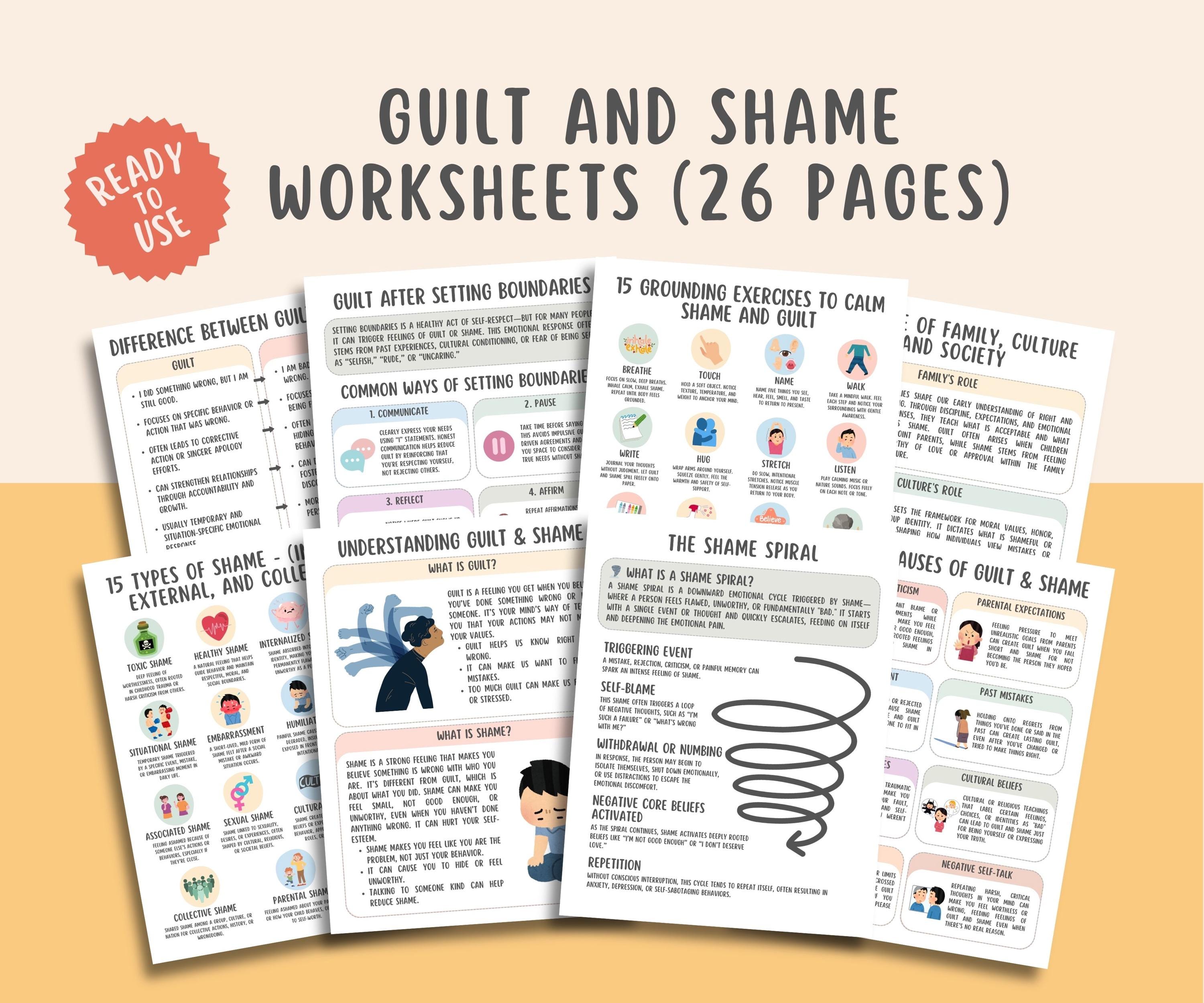Guilt and Shame Worksheets (26 Pages), The Shame Spiral, Inner Child Healing Workbook, Trauma Recovery Journal, Self-Therapy Mental Health