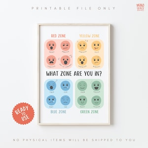 Zones of regulation printable, feelings poster, emotions chart, calm down corner, social emotional learning, school counselor, therapy