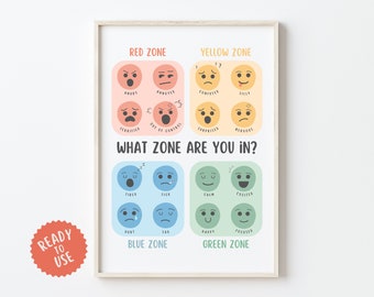 Zones of regulation printable, feelings poster, emotions chart, calm down corner, social emotional learning, school counselor, therapy