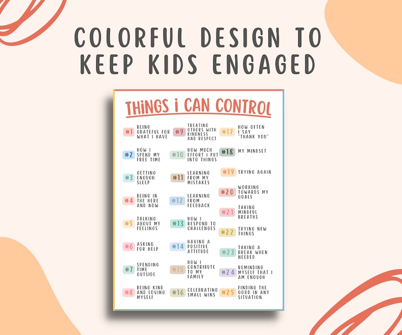 25 Things I can control for kids & teens, circle of control, school counselor resources, calming corner printable, mental health gifts