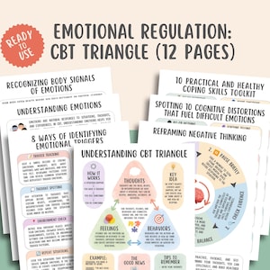 May include: A 12-page set of educational worksheets titled Emotional Regulation: CBT Triangle. The pages feature black text on white backgrounds, including diagrams, charts, and lists about cognitive behavioral therapy, coping skills, and emotions.