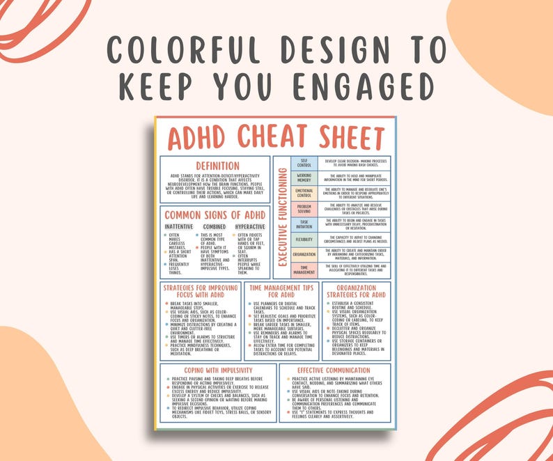 ADHD Cheat Sheet, Attention Deficit Hyperactivity Disorder Resources Tools, Executive Functioning Strategies, Time Management Organization