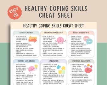 Healthy Coping Skills Cheat Sheet, Calm Down Corner Print, Anxiety Tool, Stress Relief Chart, Therapy Worksheet, Emotional Regulation Guide
