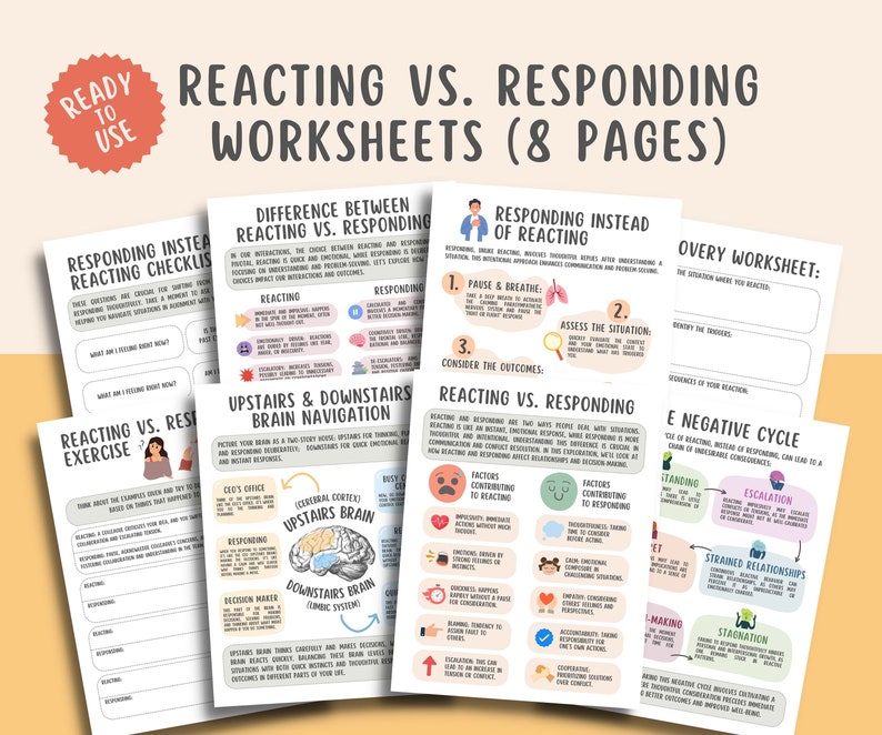 Responding Vs Reacting for Couples Communication & Emotional Regulation Skills Worksheets Conflict Resolution Family Therapy Psychoeducation