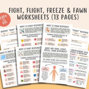 Fight Flight Freeze Fawn Trauma Response Worksheets, PTSD Stress Workbook, Anxiety Management Coping Skill, Sympathetic Nervous System
