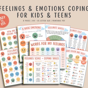 Gevoelens Emoties Coping Skills Bundel Set voor tieners Kinderen 8 pgs, Sociaal Emotioneel Leren Kinderen Prints, Lijst Wiel Grafiek Afdrukbare PDF