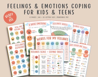 Feelings Emotions Coping Skills Bundle Set for Teens Kids 8 pgs, Social Emotional Learning Children Prints, List Wheel Chart Printable PDF