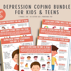 Depression Coping Skills Handout Bundle for Kids & Teens (7 Pages), Mental Health Awareness Counseling Resources, Cycle of Depression PDF