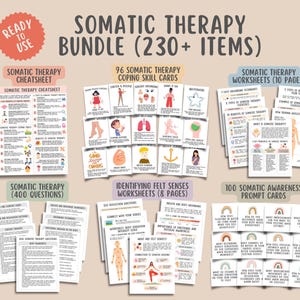 Bundel somatische therapie coping (230+ items) werkbladen voor viltzintuigen, vragen over somatische therapie, flashcards coping-vaardigheden