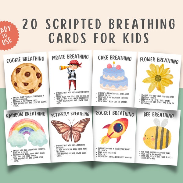 20 Mindful Scripted Breathing Cards for Kids teens, Anxiety Coping Calming Corner Tools, School Counselor Psychology Aid Grounding Technique