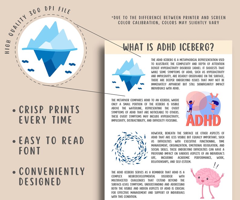 17 ADHD Iceberg Worksheets, Attention Deficit Hyperactivity Disorder Coping Depression Anxiety Shame, Mental Health Therapy Counselor