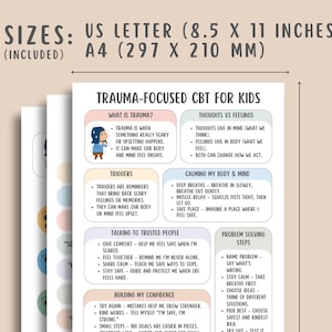 Trauma Focused Worksheets + Cheatsheet for Kids (26 Pages), Unhelpful Thoughts, Emotional Regulation, CBT Coping Skills, Child Counseling