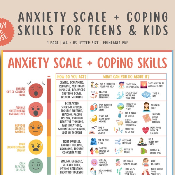 Anxiety Coping Skills For Teens Kids, Stress Relief, Anxious Feelings Scale, Children Grounding Techniques, Therapy Mental Health Printable