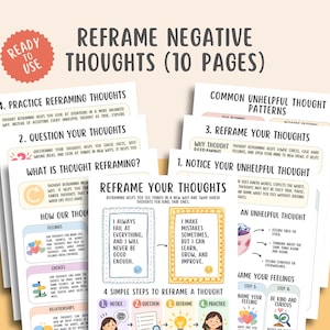 Reframing Negative Thoughts Worksheets, CBT Worksheet, Cognitive Reframing, Cognitive Distortions, Negative Thinking, Thought Challenging