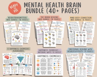 Mental Health Brain Bundle, The Brain Regions, Neurotransmitters & Neuroplasticity Info Sheets, Happiness Chemicals, Mind Body Connection