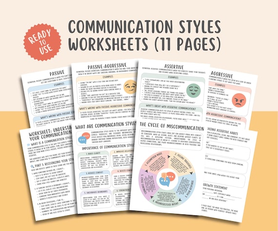 Communication Styles Worksheets (11 Pages), Communication Skills, Assertive Communication, Adult Therapy Tools, Passive-Aggressive Behavior