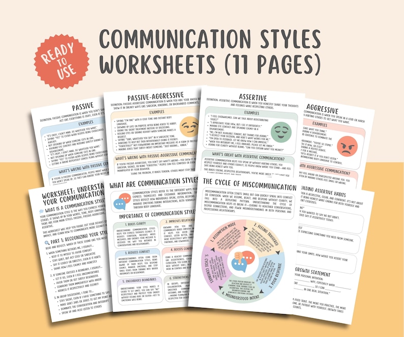 Printable communication styles worksheets for adults to improve assertive communication, emotional expression, and conflict resolution. Perfect for therapy sessions, self-help, personal growth, and mental health support. These PDF tools help develop effective communication skills in relationships and daily life. Ideal for counselors, coaches, and individuals working on boundaries, active listening, and healthy interactions. Instant digital download for easy use.