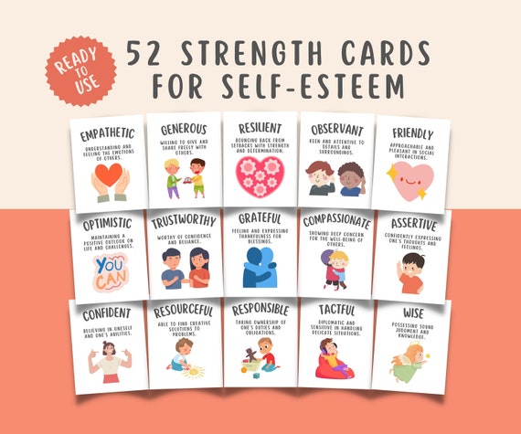 52 Strength Based Cards for Self-Esteem, Mental Health Coping Tools Therapists, School Counselors, Calming Corner Techniques, Calm Down PDF