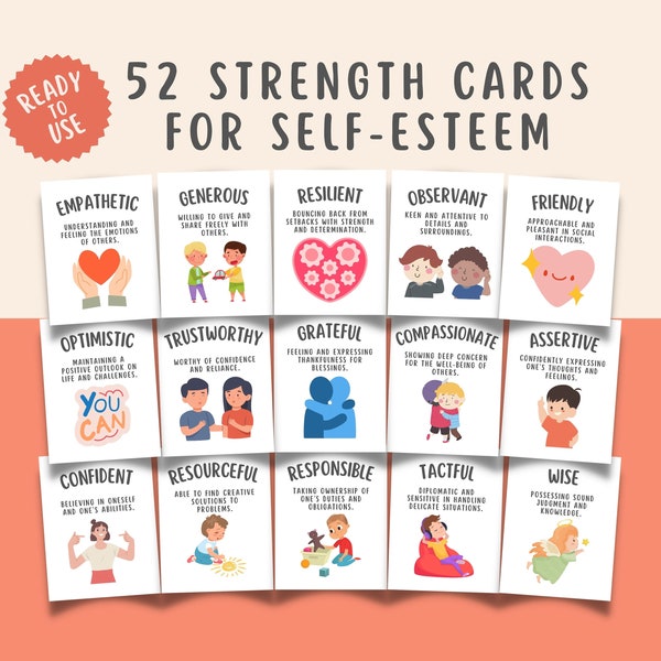 52 Strength Based Cards for Self-Esteem, Mental Health Coping Tools Therapists, School Counselors, Calming Corner Techniques, Calm Down PDF