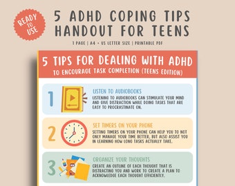 5 ADHD Coping Tips for Teens Handout, Attention Deficit Hyper Activity Disorder Grounding Techniques, ADD Coping Strategies, Mental Health