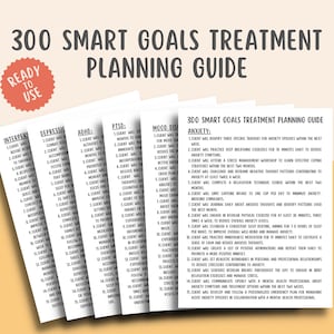 Könnte beinhalten: Ein druckbarer Leitfaden mit dem Titel "300 Smart Goals Treatment Planning Guide" und einer Liste von Zielen für verschiedene psychische Erkrankungen, darunter Angstzustände, Depressionen, ADHS, PTBS und zwischenmenschliche Probleme.