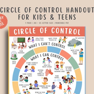 Circle of Control for Kids Teens Handout, Mental Health Digital Printable, Things I Can Control, Children Therapy Counseling Wall Poster PDF