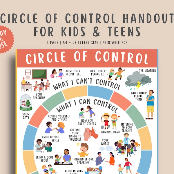 Circle of Control for Kids Teens Handout, Mental Health Digital Printable, Things I Can Control, Children Therapy Counseling Wall Poster PDF