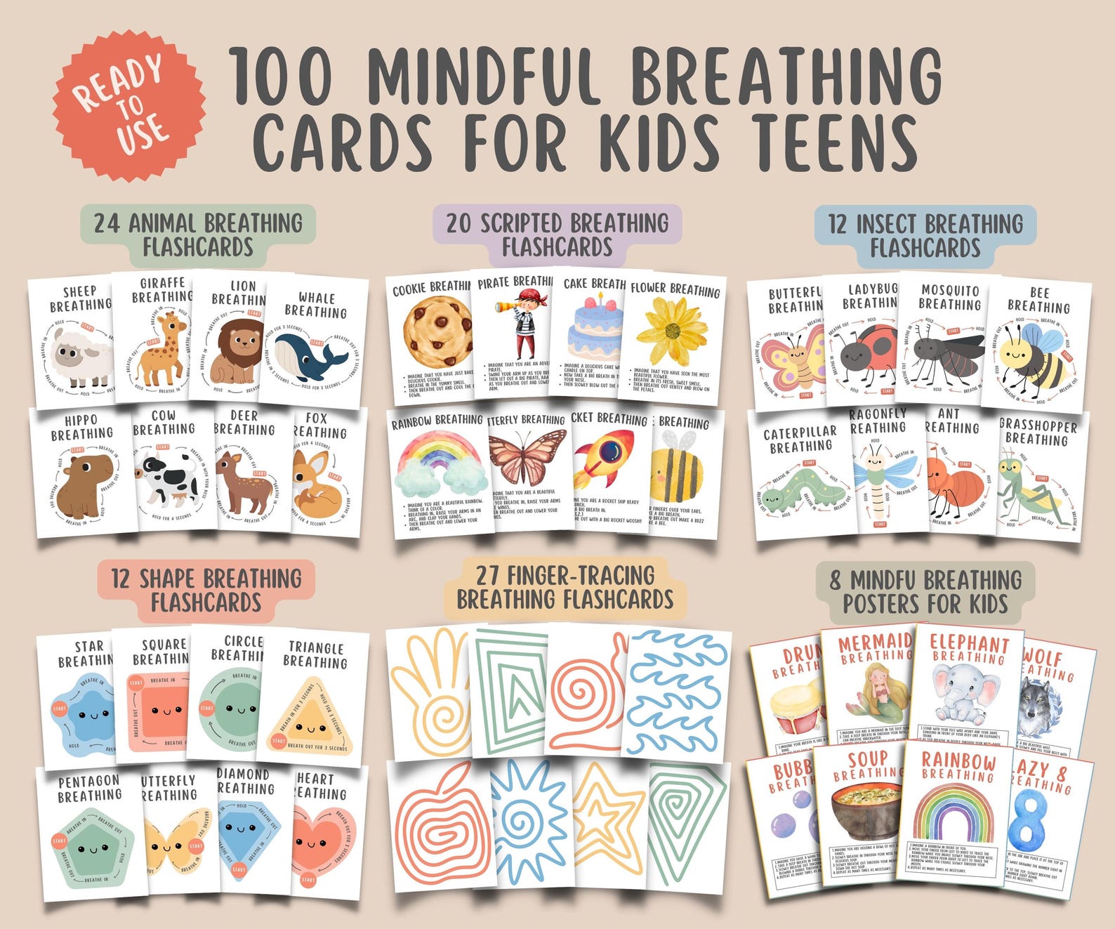 100 Mindful Breathing Flashcards for Kids Teens, Scripted Breathing ...