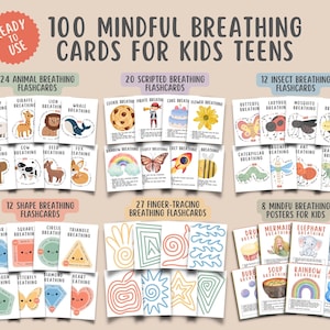 100 Mindful Breathing Flashcards voor kinderen, tieners, scripted ademhalingsangstverlichtingsposters, kalmerende hoek, copingvaardigheden kinderen aarden