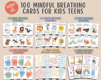 100 Mindful Breathing Flashcards for kids teens, Scripted Breathing Anxiety Relief Posters, Calming Corner, Coping Skills Children Grounding