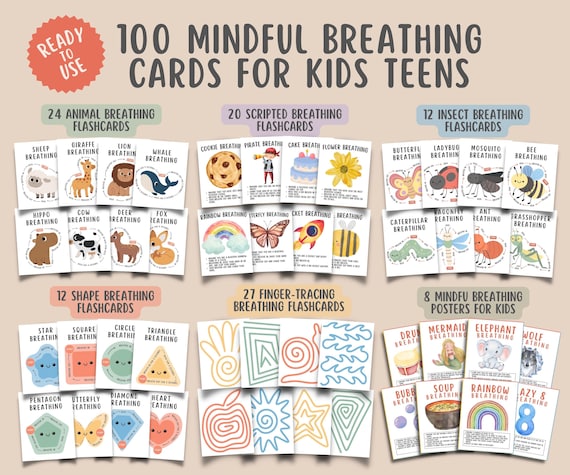 100 Mindful Breathing Flashcards for kids teens, Scripted Breathing Anxiety Relief Posters, Calming Corner, Coping Skills Children Grounding