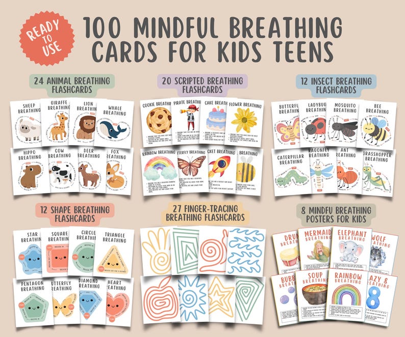 100 Mindful Breathing Flashcards for Kids Teens, Scripted Breathing ...