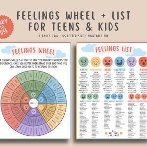 Feelings Wheel + Feelings List Handout for Teens Kids (2 Pages), Emotions Wheel Printable, Children Mental Health Emotional Skills Download