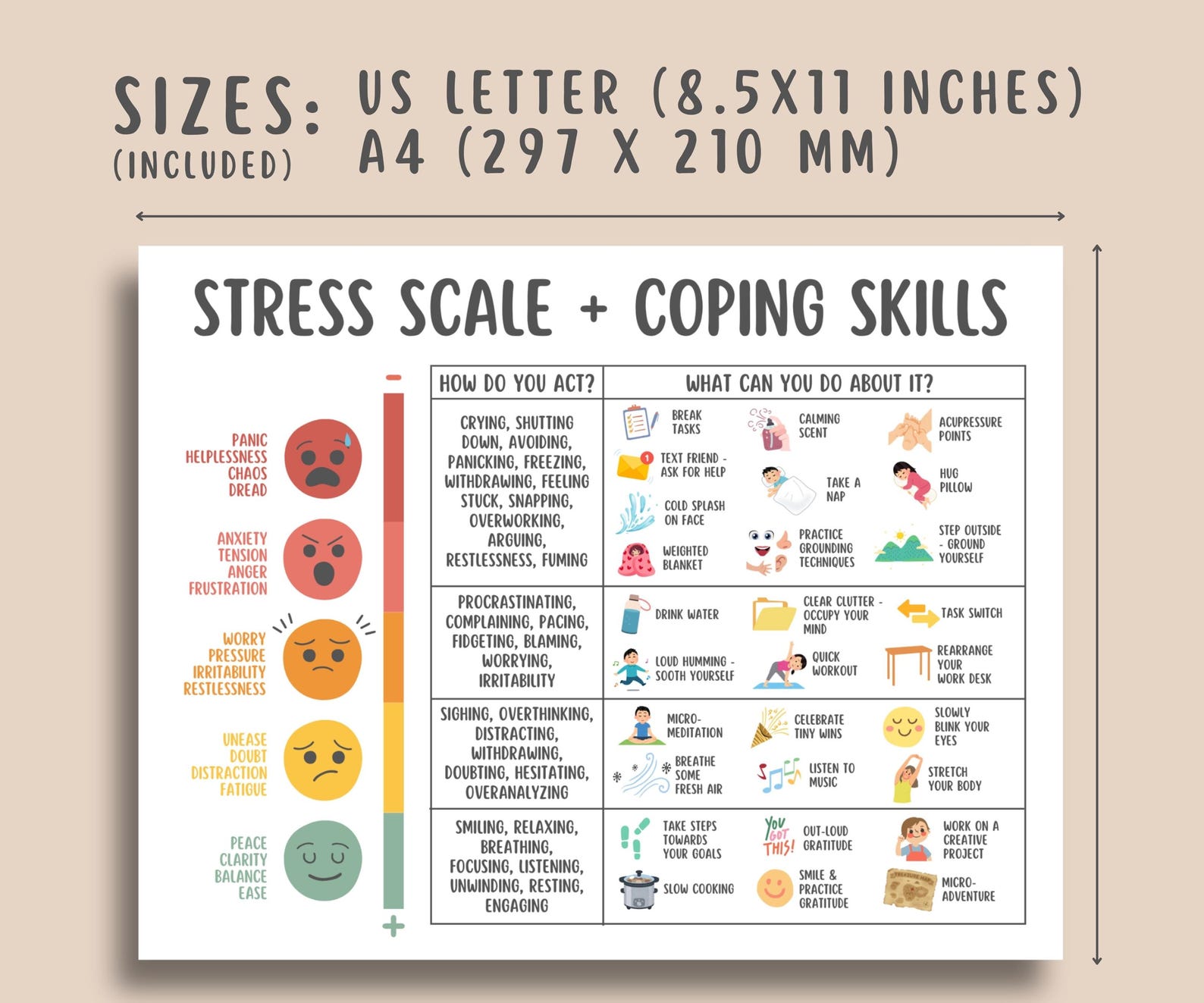 Stress Scale + Coping Skills Handout, Anxiety Relief Worksheet, Therapy ...