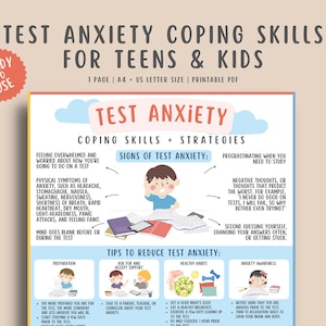 Test Anxiety Coping Skills Strategies Handout For Teens Kids, Reduce Exam Anxious Thoughts, Mental Health Study Therapy for Children