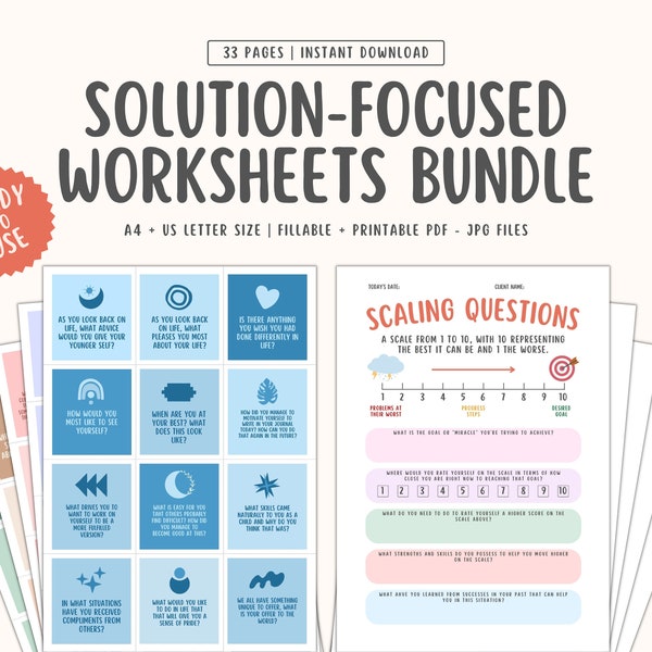 Solution focused therapy worksheets, SFBT worksheets, SFBT Questions, solution focused therapy gifts, therapy worksheets bundle, therapist