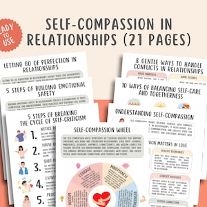 May include: A collection of printable worksheets on self-compassion in relationships. The design features a red and orange color scheme with text such as "Self-Compassion Wheel" and "5 Steps of Building Emotional Safety".