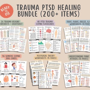 Paquete de sanación para el TEPT por trauma (más de 200 artículos), hojas de trabajo sobre la teoría polivagal, hojas de trabajo sobre la respuesta al trauma, hojas de trabajo para comprender los ataques de pánico y cómo afrontarlos.