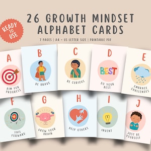 26 Growth Mindset Alphabet Flashcards for kids teens, Coping Strategies, Positive Mind Children, SEL Printable, Grounding Techniques PDF