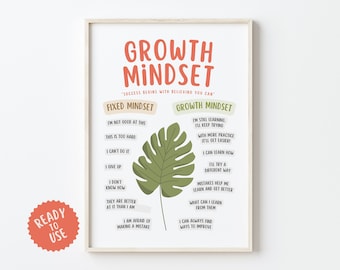 Growth mindset poster, growth vs fixed mindset, therapy office decor, CBT poster, therapy office art, calming down corner, social emotional