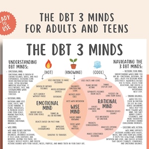 Op de afbeelding: Een poster getiteld "De 3 DBT Minds voor volwassenen en tieners" met een perzikachtergrond. De poster legt de emotionele, wijze en rationele geesten uit, met illustraties van een vlam, plant en ijsblokje.