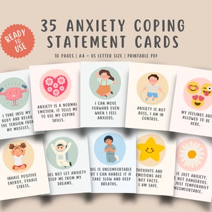35 Tarjetas de declaración de afrontamiento de la ansiedad, adolescentes, niños, afirmaciones de ansiedad, técnicas de conexión a tierra, tarjetas didácticas, tarjetas de atención plena, alivio de la depresión y el estrés