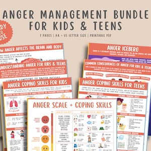 Anger Management Coping Skills for Kids Teens 7 Pages, Understanding Angry Child Mental Health Awareness Grounding Therapy Counseling Poster